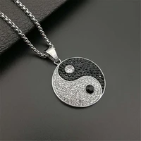 yin yang tai chi pendants necklaces for men silver color round stainless steel paved cz crystal ice out hip hop rapper jewelry