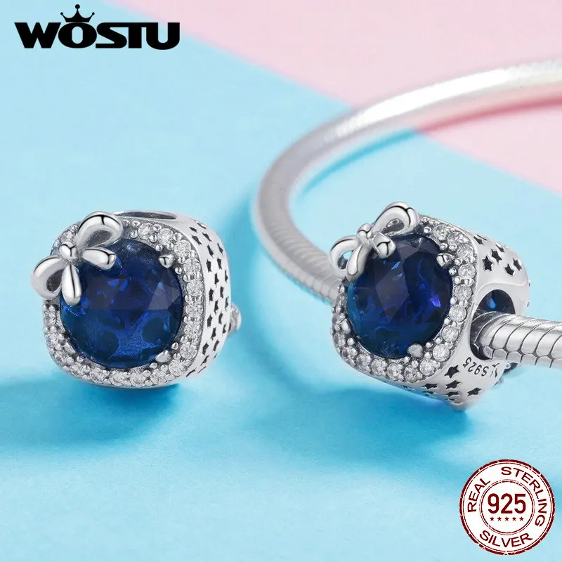 WOSTU новый дизайн Стерлинговое Серебро 925 пробы бант синие Бусины подходит для