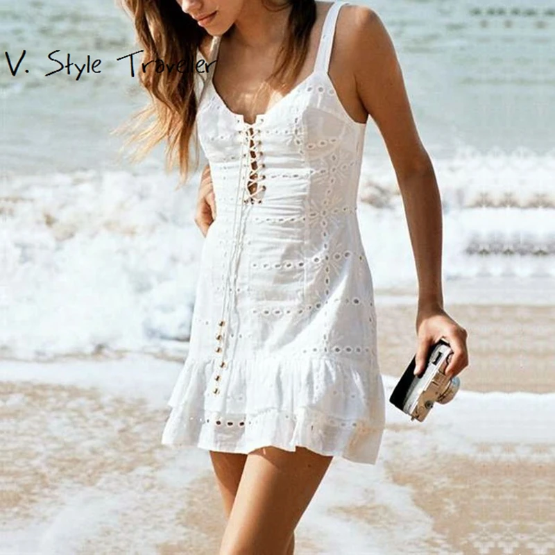 Богемное белое платье на шнуровке женское сексуальное с v-образным вырезом