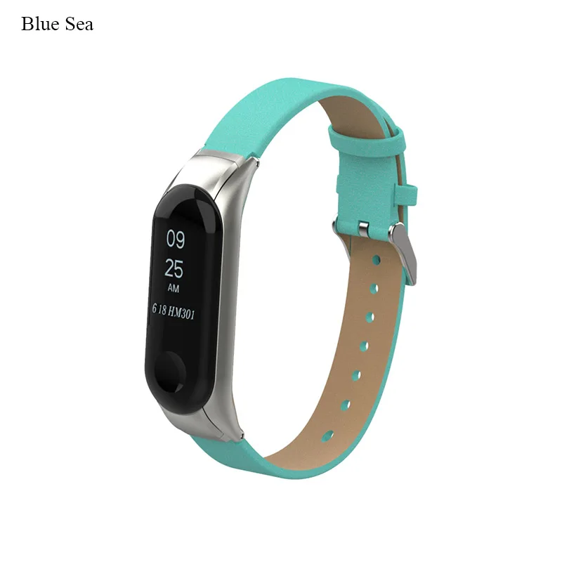 Кожаный ремешок BOORUI mi band 3 Смарт-аксессуары для Xiaomi mi Band 3 сменный спортивный ремень с защитой от потери и металлический чехол - Цвет: Blue sea