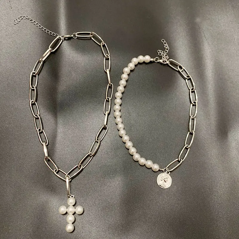 2Pcs Set Silver Женское жемчужное ожерелье KMVEXO, чокер из искусственного жемчуга - Окраска металла: 2Pcs Set Silver