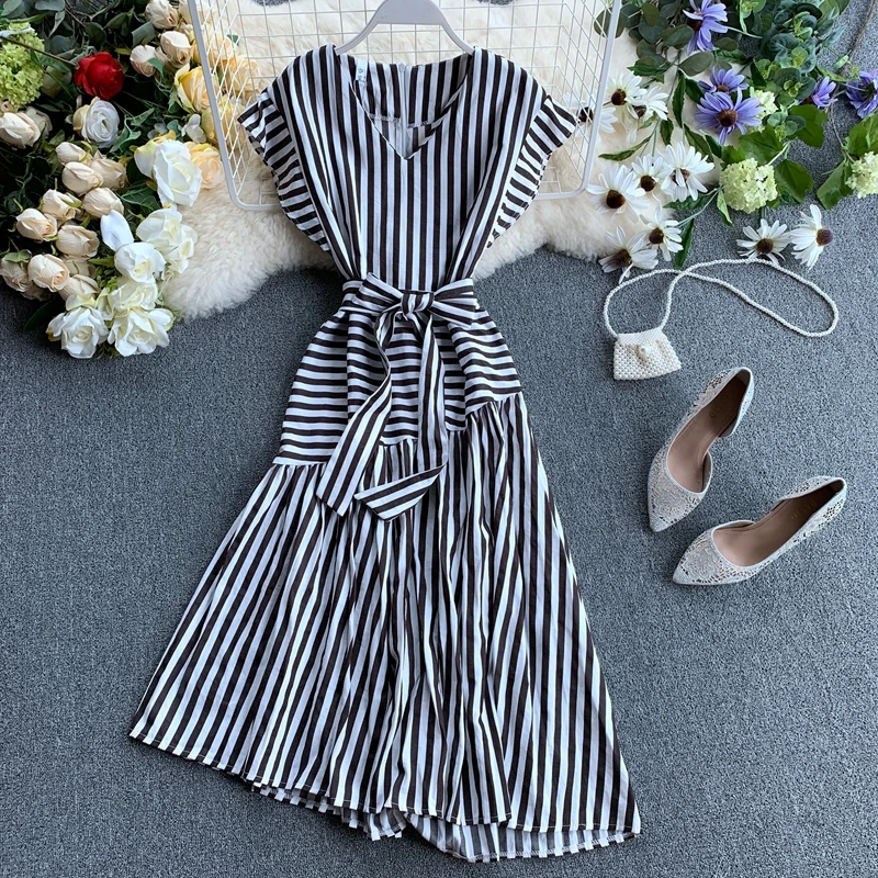 2019 Women Summer Fashion Short Sleeve V Neck Irregular Dresses woman Casual Elegant Striped Patchwork Belted Below Knee Dress | Женская