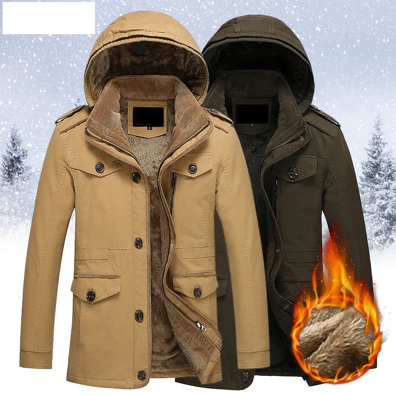 

Cockscomb Warm Fleece Lining Winter Trench Coat Men Removable Hood Single Breasted Cotton Jackets Outerwear Plus Size 5XL 6XL