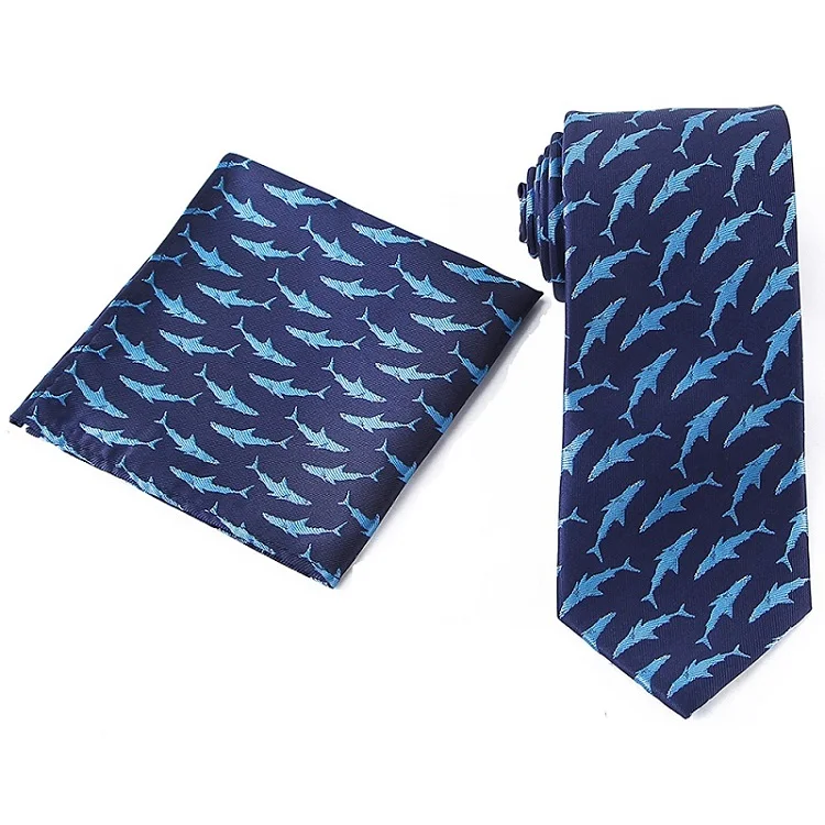 WTHS-004 tie set Tailor Smith Necktie and Hankerchief Set Dot Animal Wolf Shark Floral Tie Set 7.5CM Microfiber Woven Suit Tie with Pocket Square - Color: WTHS-004 tie set