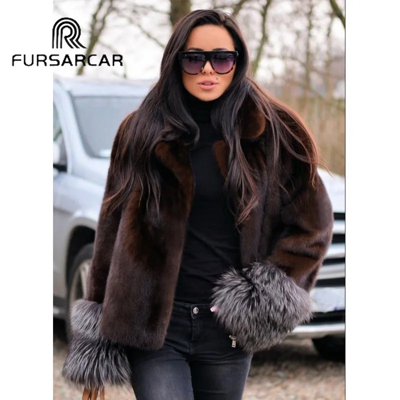 

FURSARCAR Whole Skin Real Mink Fur Coat Women Natural Mink Fur Winter Female Coat With Turn-down Fur Collar Silver Fox Fur Cuff