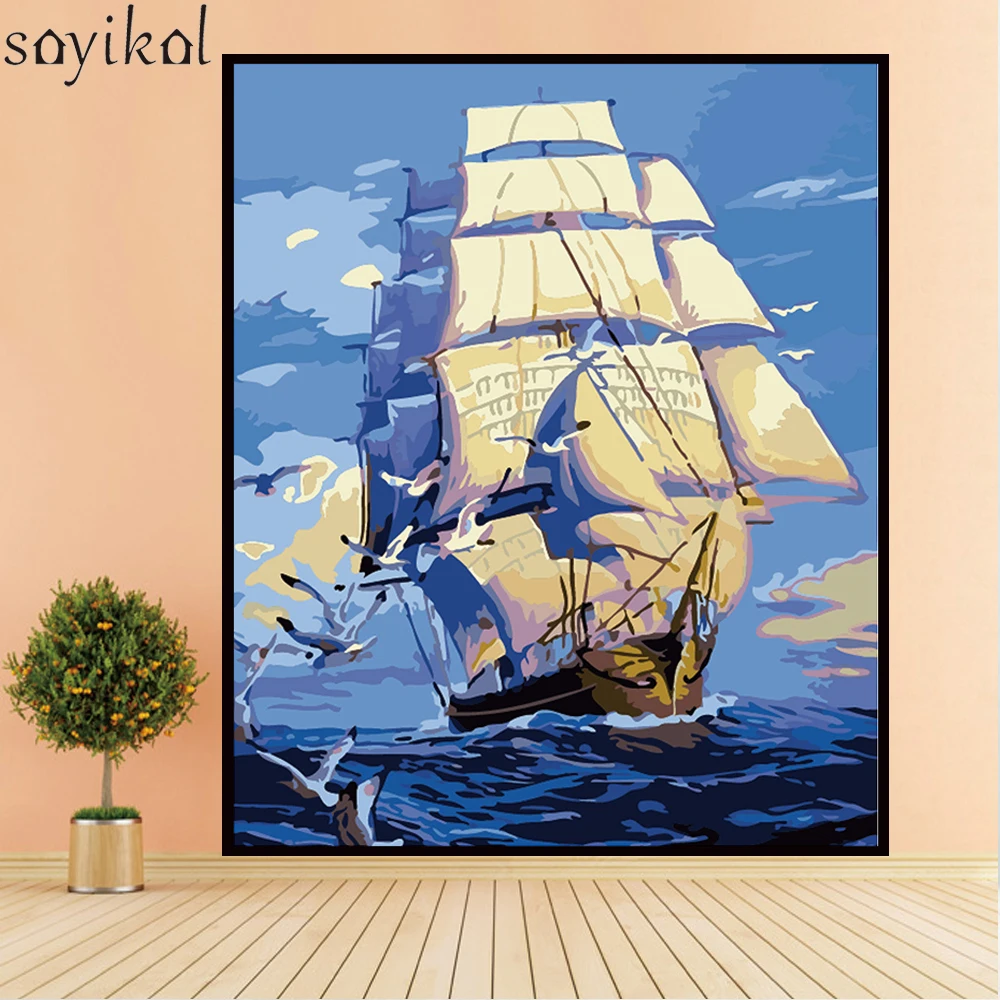 Цифровая DIY картина по номерам рамка красный парусник морской пейзаж украшение