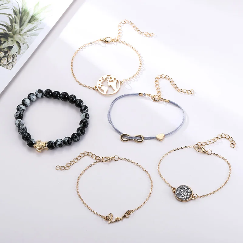 5 Pcs/set Boho Fashion Gold Chain Map Love Letter Pendant Charm Bracelets Set For Women 2019 Trendy Natural Marble Bead Bracelet | Украшения