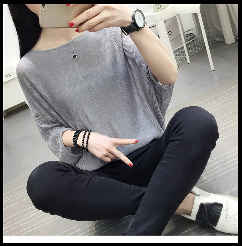 gray TEAEGG элегантные блузки Mujer De Moda вязаные женские топы и блузки Blusa Feminina с рукавом летучая мышь красные летние топы AL1177 - Цвет: gray