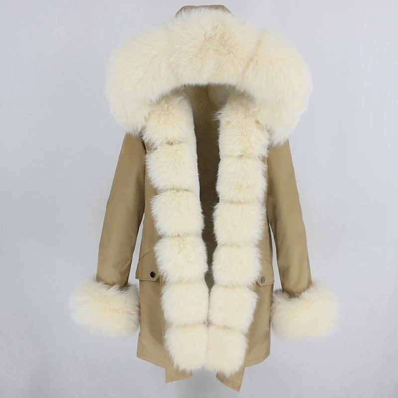 brown light beige Водонепроницаемая Женская парка, зимняя куртка, Женское пальто из натурального меха, Воротник из натурального Лисьего меха, капюшон, Толстая теплая Съемная уличная одежда, роскошная Новинка - Цвет: brown light beige