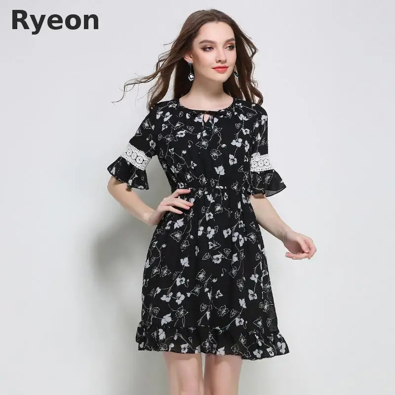 Ryeon L 5xl Плюс Размер Старинные Женщин Dress Свободные Печати Половина Кружева Над