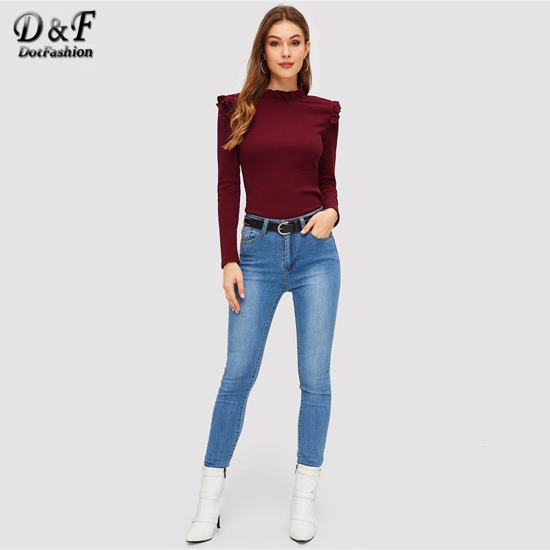 Dotfashion, бордовая, с оборкой, одноцветная, с длинным рукавом, футболка, женская, повседневная, осенняя, стоячий воротник, топы, тонкая, подходит, одежда, простая футболка