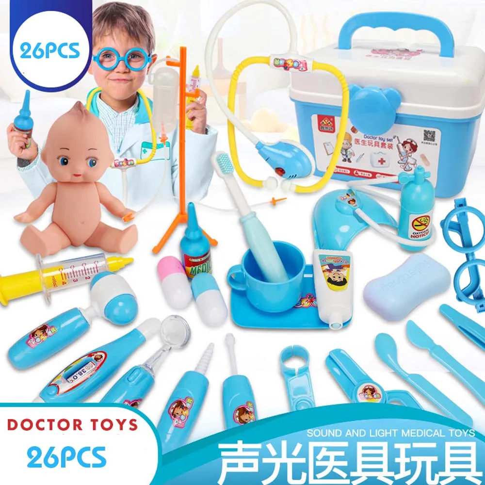26pcs blue 21-39 шт Детские ролевые игры медицинские игрушка "Медсестра" комплект Портативный чемодан Моделирование Медицинский Набор для детей, обучающие игрушки для детей - Цвет: 26pcs blue