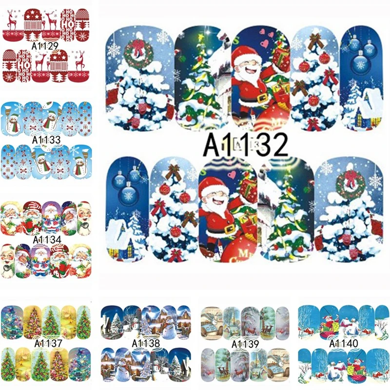 12 узоров/лист Рождественская наклейка для ногтей снежный Санта Клаус переводная