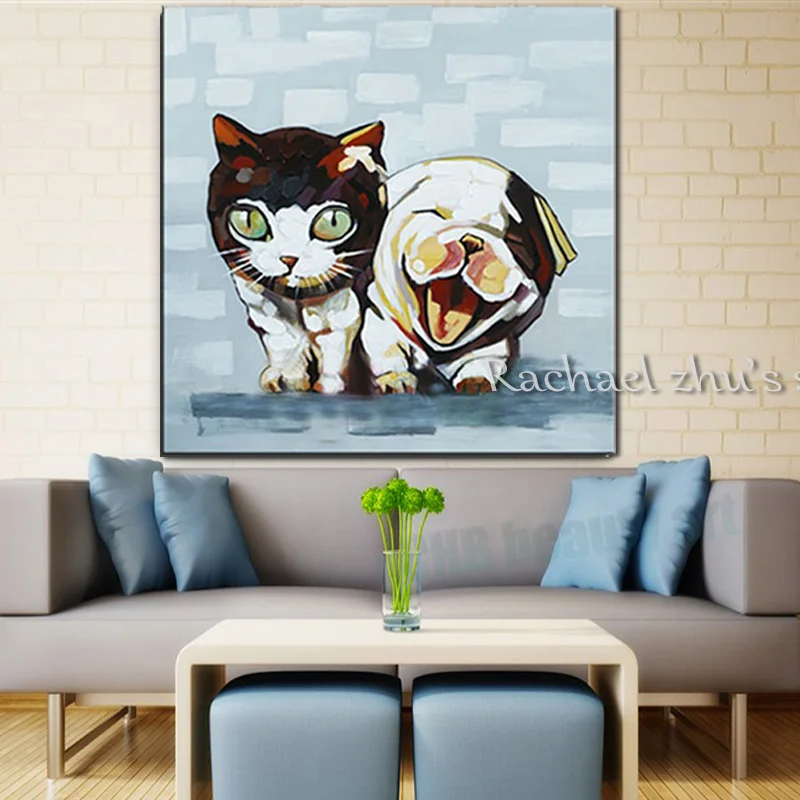 

Handpainted Abstract Cat and Dog Cartoon Oil Paintings On Canvas Wall Art Animals Wall Pictures For Children's Room Home Decor