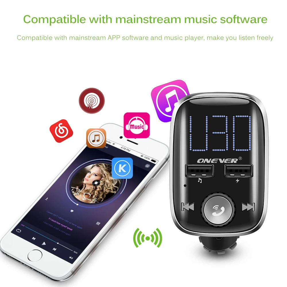 ONEVER поворотный Bluetooth музыкальный плеер fm-передатчик модулятор 3.4a Dual USB Зарядное