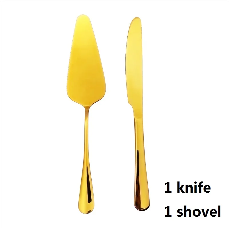 1 shovel 1 kinfe Нержавеющая сталь золотые столовые приборы свадебный торт Лопата сервер Золотой хлеб нож Десерт Маффин день рождения пиццы западные ножи - Цвет: 1 shovel 1 kinfe