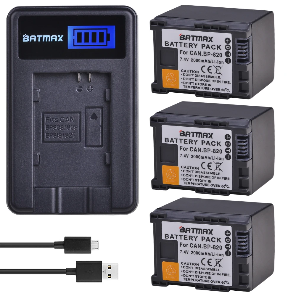 Batmax 3 шт. BP 820 BP820 Аккумулятор для камеры + ЖК Зарядное устройство USB Canon фотокамера