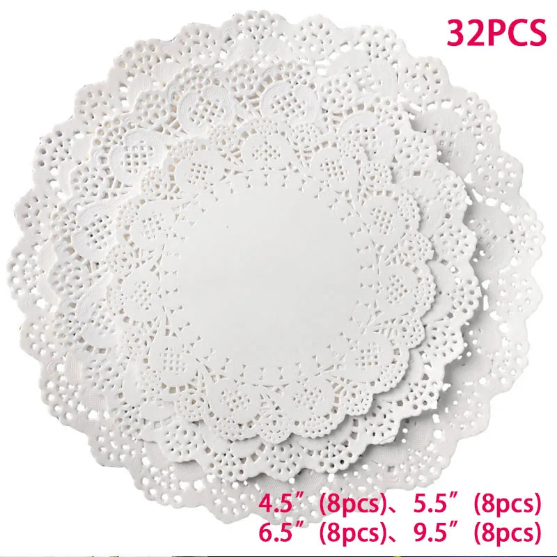 32 pcs a lot 32 шт./лот салфетки для крещения свадьбы, дня рождения, милые белые круглые кружевные бумажные коврики для еды, ремесленные украшения для торта своими руками - Цвет: 32 pcs a lot