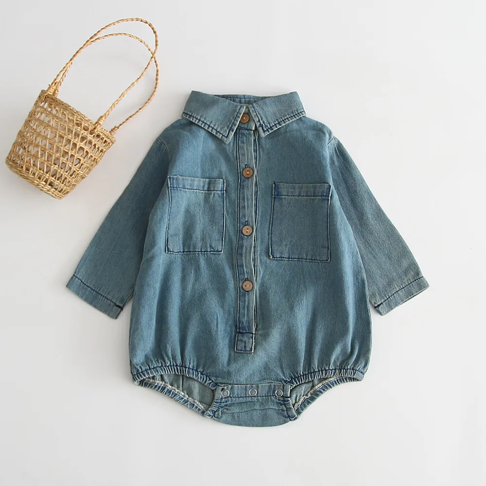 

Autumn Baby Toddler Long Sleeve Lapel Collar Denim Jeans Solid Soft Rompers Kids Infant Pocket Jumpsuits Roupas De Bebe Outwear