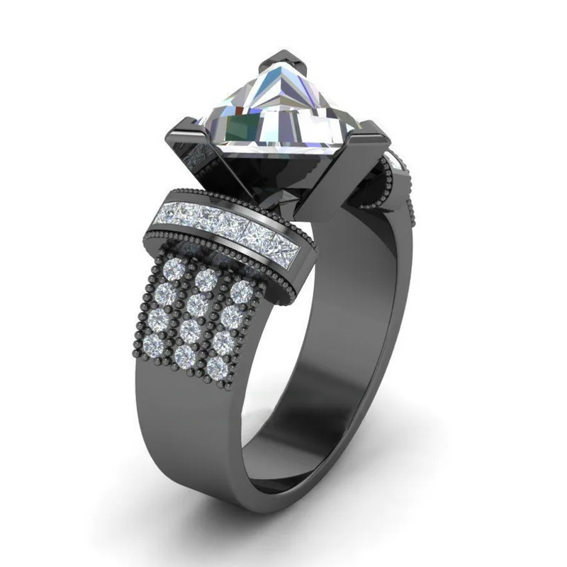 Женское кольцо треугольной формы Vecalon черное Золотое с фианитами обручальное для