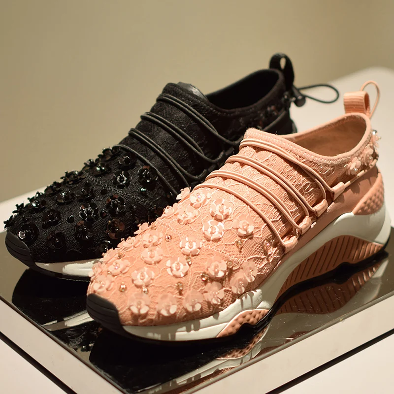 Sexy Кружева Спортивная Обувь Женщина Платформы Повседневная Мокасины Slip On 3D Цветы