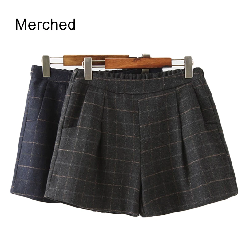 Merched карманы Винтаж Шорты женские шерстяные на осень зиму клетчатые шорты