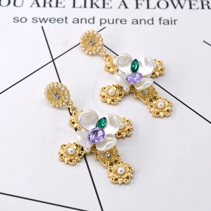 

2019 Fashion Floral Vintage Cross Long Earrings for women