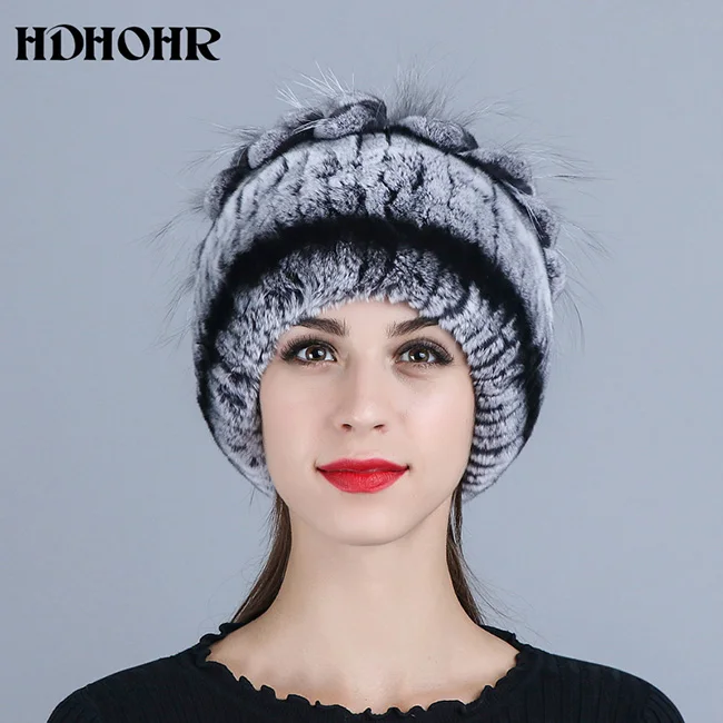 HDHOHR, хит, шапка из натурального меха, шапка из меха кролика Рекс, мех серебристой лисы, шапки бини, женские зимние толстые теплые головные уборы, теплые шапки - Цвет: Black