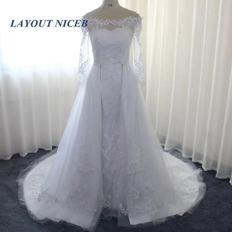 Lux Lace Applique Mermaid Wedding Dress With Detachable skirt vestido de noiva Off The shoulder Saudi Arabia Bridal Gowns | Свадьбы и