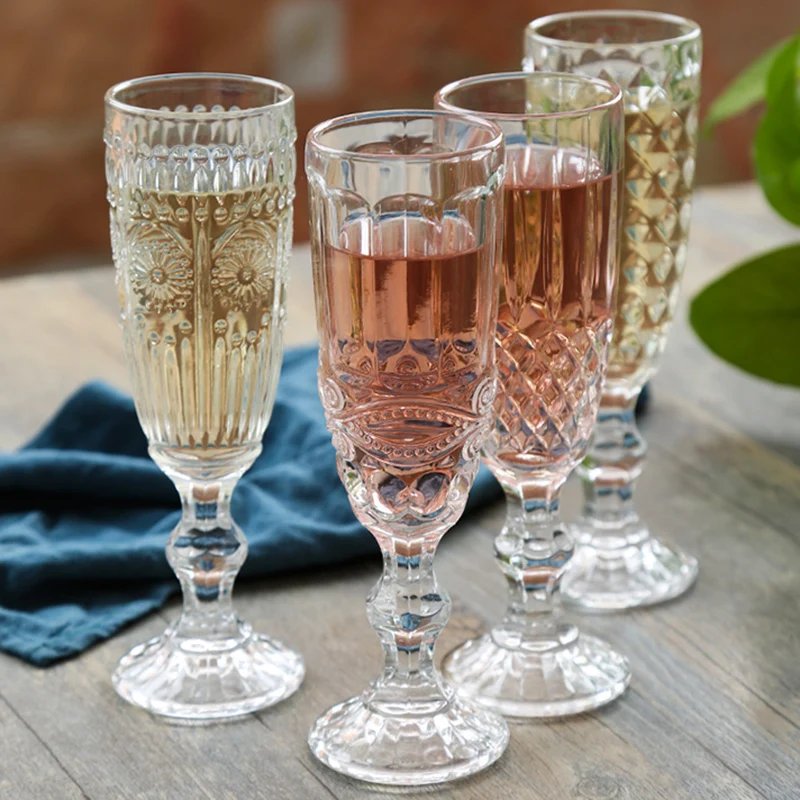 

Wedding Champagne Flutes Glasses Wine Whiskey Glass Goblet Party Cup 5oz 7oz 9oz European Retro Embossed Lead-free Crystal Glass