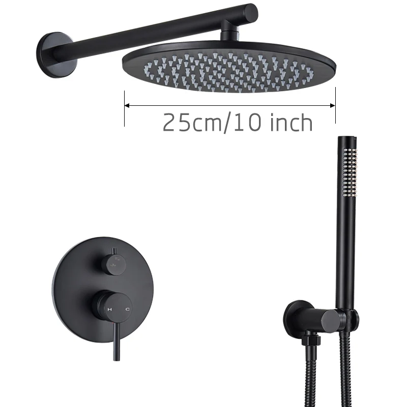 10 inch Wall Mounted Матовый черный душевой кран из латуни осадков скрытый смеситель для душа кран в стену 8/10/12/1" Дождь Насадки для душа переключающий клапан - Цвет: 10 inch Wall Mounted