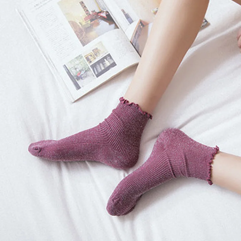 British Vintage Glitter Women's Socks Cotton Women Daily Basic Shining Rib Surface Sweet Socks Girls Summer Ankle Socks Women