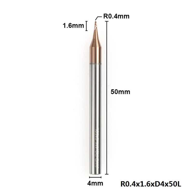 R0.4xD4x50L 1 шт. 0,1-0,45 мм микро сферическая Концевая фреза 2 флейты Вольфрамовая сталь ЧПУ фреза с покрытием TiCN фреза - Длина режущей кромки: R0.4xD4x50L
