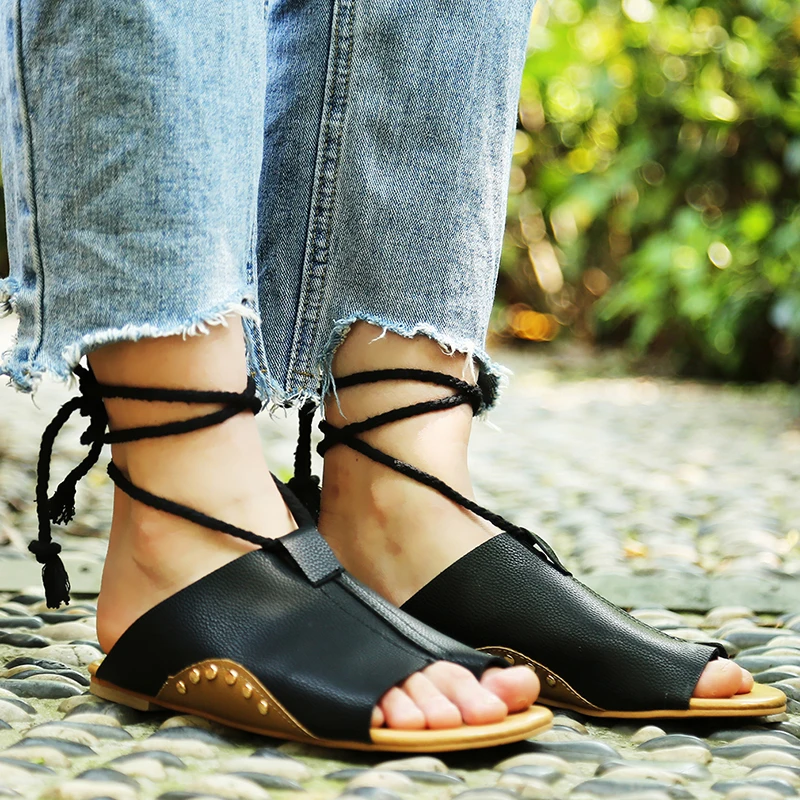 Туфли на плоской подошве Кожаные сандалии-гладиаторы zapatos mujer Женские босоножки с