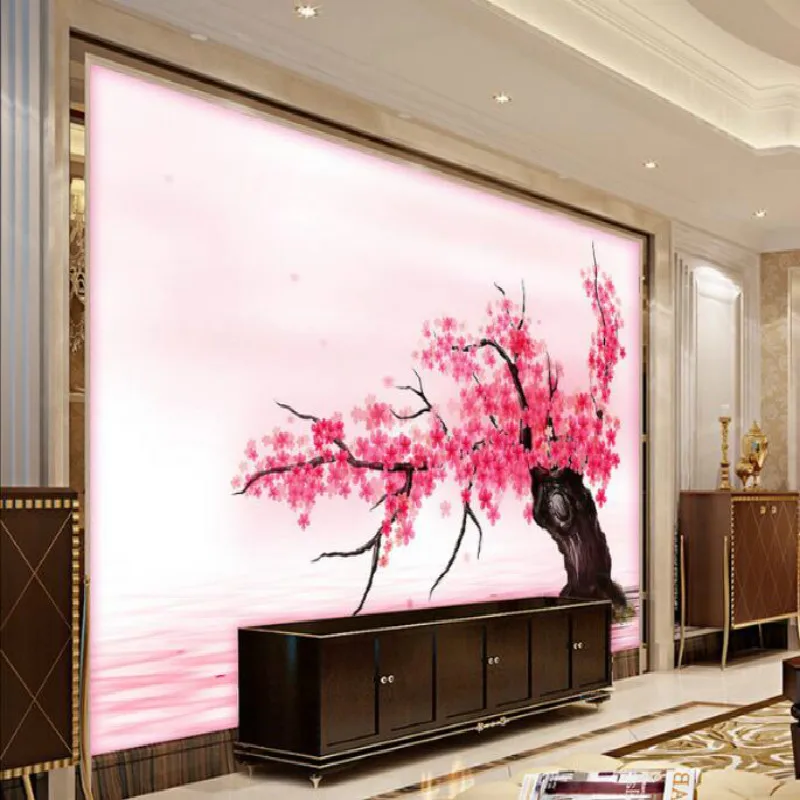 Большой фотообои с изображением розовой романтической сакуры гостиной спальни