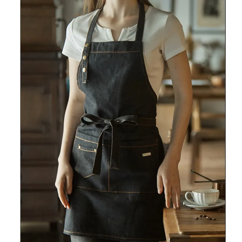 Black Denim Waist Брезентовый черный джинсовый фартук бариста бармен Бейкер питание Униформа ресторан Бистро официант официантка флорист рабочая одежда D47 - Цвет: Black Denim Waist