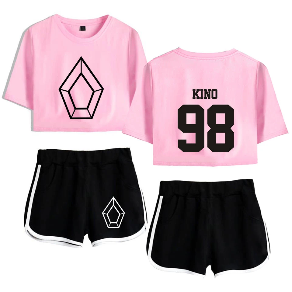 Hot Pentagon YED ONE 96 Exposed Navel white t shirt +black shorts women's two-piece sets Fashion suit | Женская одежда