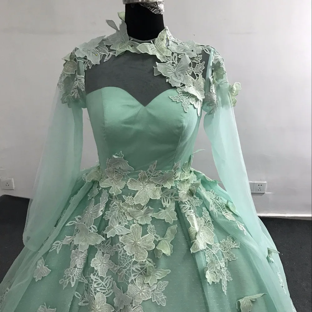 

Hote sale 2018 new Ball Gown Wedding gown lobg sleeves Cathedral train Applique 3D Flowers Light Green wedding dresses