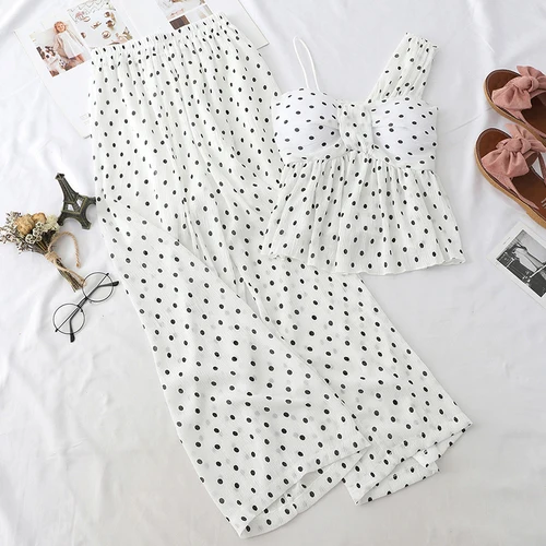 white jumpsuit Neploe/комплект одежды из 2 предметов в горошек г. Летняя женская шифоновая одежда с открытыми плечами укороченный топ с широкими штанинами комплект из двух предметов, спортивный костюм - Color: white jumpsuit