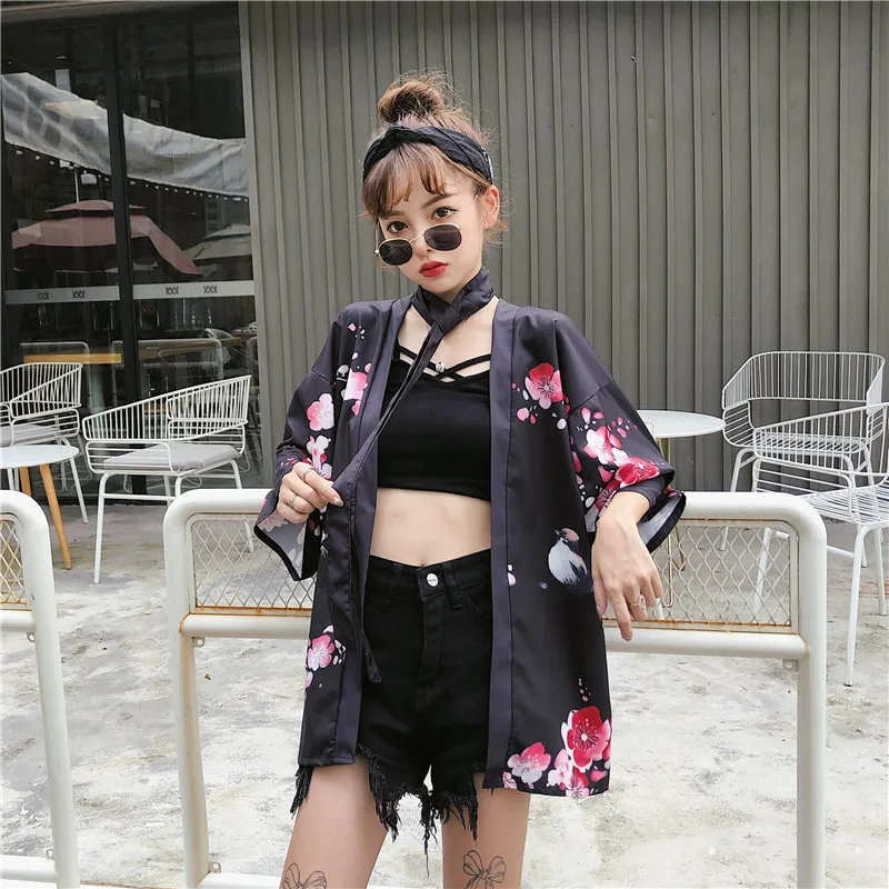 Женское кимоно пальто японская Куртка Верхняя одежда с принтом винтажная Harajuku Свободная блузка с принтом солнцезащитный кардиган милый 914-A196