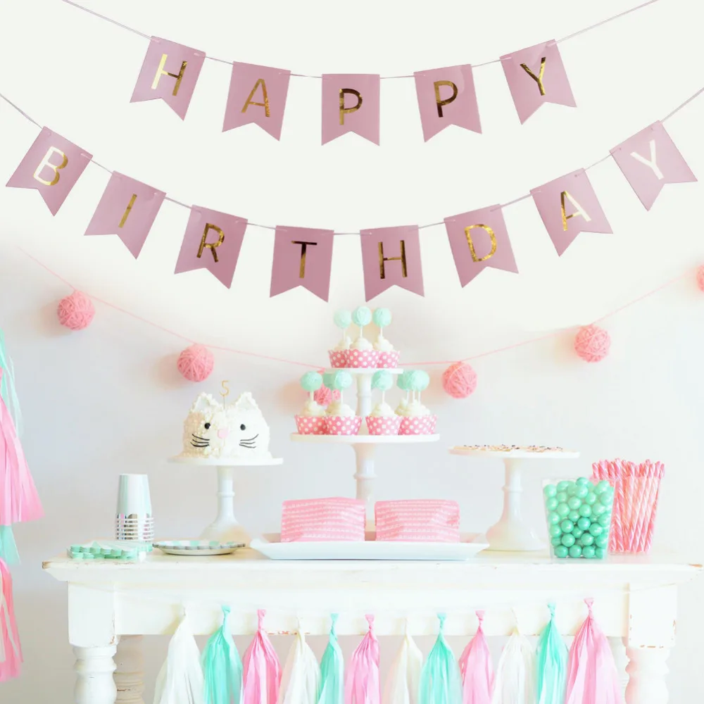 7 pcs/set Pink/Blue Paper Decorations for Girls/Boys Birthday Party Happy Banner Foil Swirls Pom Poms Decor | Дом и сад