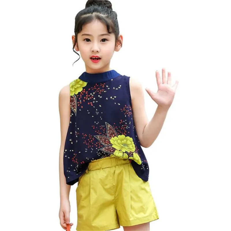 Шифоновые комплекты для девочек Новинка лета 2018 брендовая одежда белая футболка