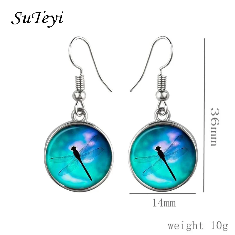 Горячая Распродажа симпатичная Стрекоза висячие серьги круглый стеклянный кабошонный крючок серьги для женщин элегантные ювелирные аксессуары подарок на день рождения