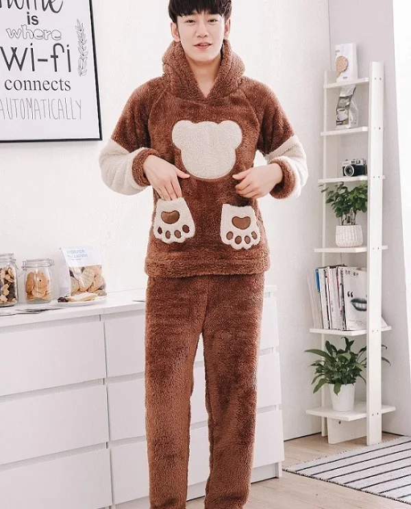 Men Pyjama Мужская плюшевая Пижама с капюшоном и длинным рукавом, зимняя теплая плотная Женская домашняя одежда с милым мультяшным медведем - Цвет: Men Pyjama