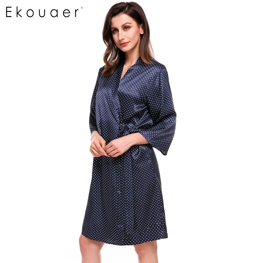 Ekouaer модный свободный халат с цветочным принтом женский рукавом 3/4 в горошек