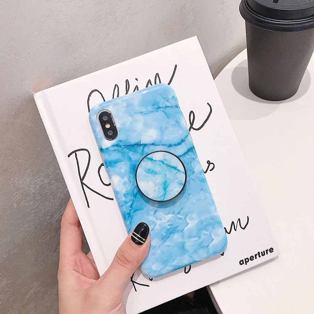 Пудра синий мрамор с подставкой Чехол для телефона IPhone XR XS Max X 8 7 Plus 6 S Горячая