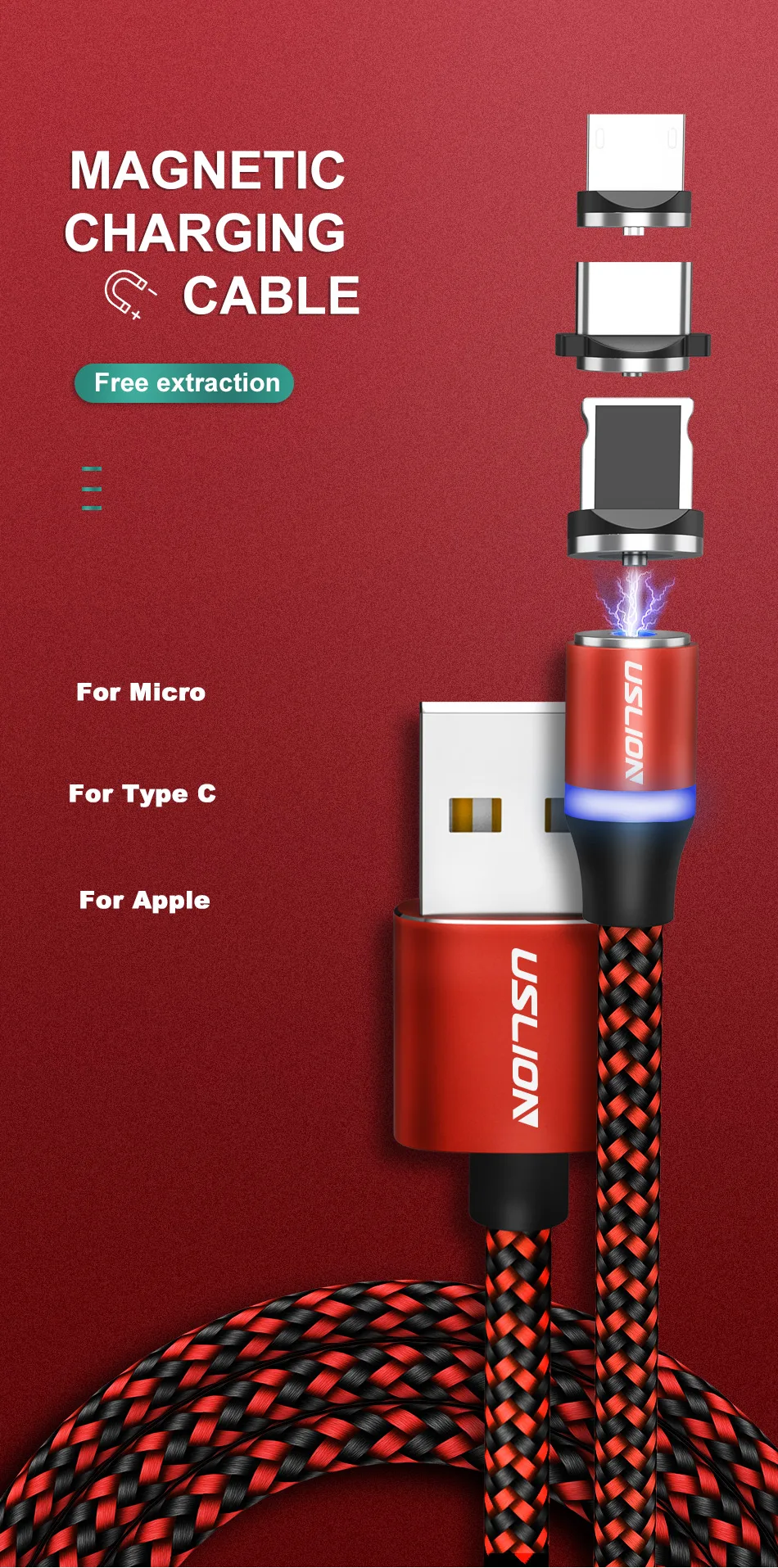 USLION 1 м 2 м светодиодный магнитный кабель USB type-C и Micro USB для iPhone Xs Max 8 7 6 для samsung Xiaomi HUAWEI зарядный кабель