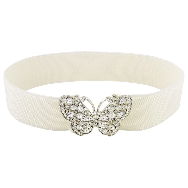 Женские Стразы акцентный крючок с бабочкой пряжка эластичный пояс белый