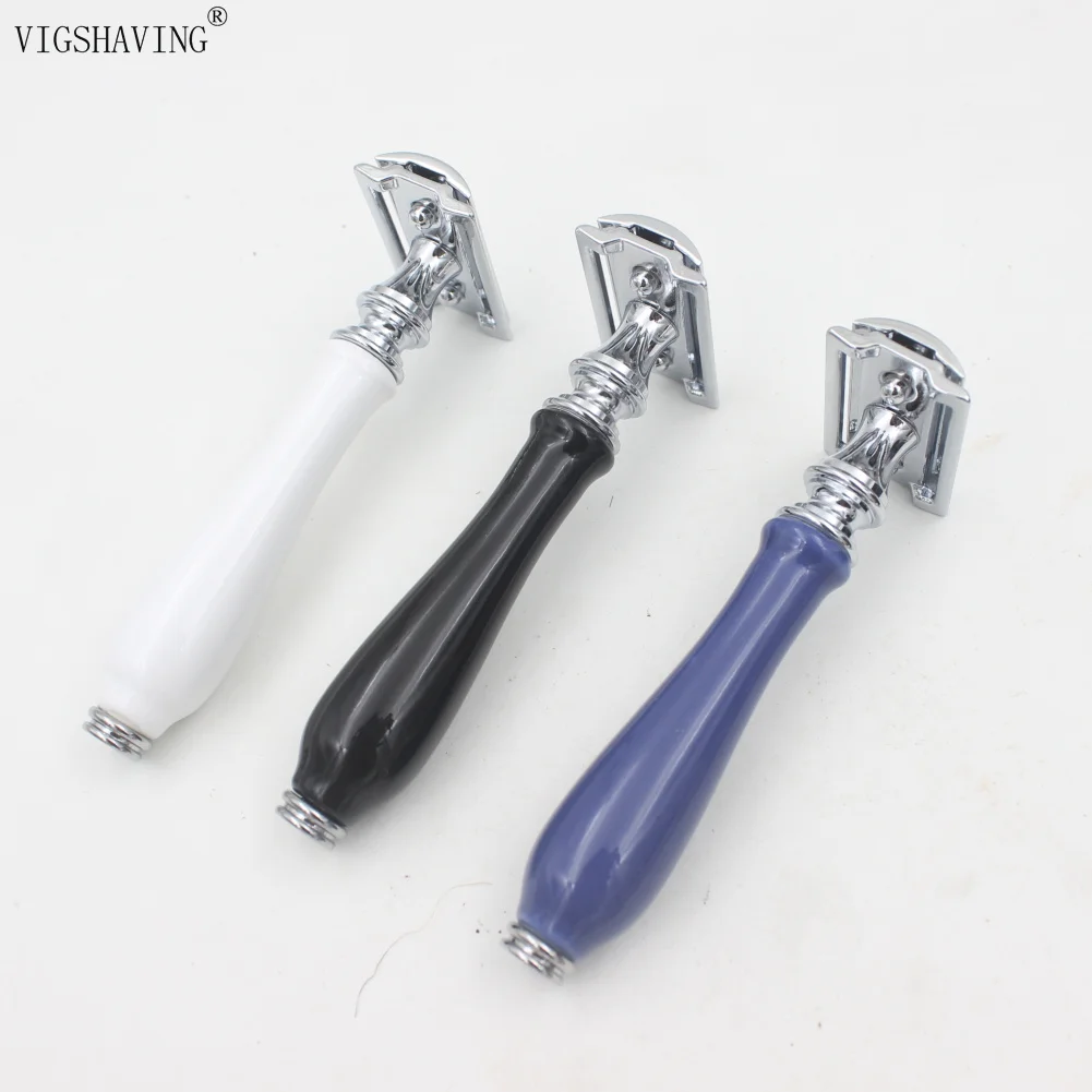 VIGSHAVING, безопасная бритва с двумя краями и керамической ручкой, Парикмахерская бритва для бритья, подарки для мужчин