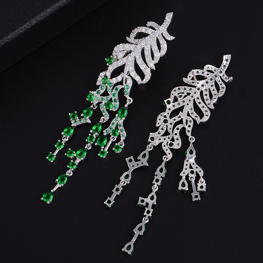 

Luxury Green Pink Leaves Plant Waterdrop Long Tassel Dangle Earrings For Women